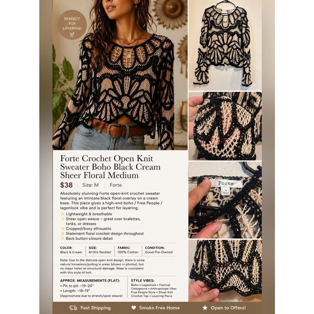 Forte Crochet Open Knit Sweater Boho Black Cream Sheer Floral Medium